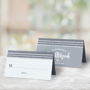 Cartão De Mesa Bar Mitzvah Cinza Prata Tallit Script Moderno Negr