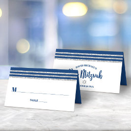 Cartão De Mesa Bar Mitzvah Moderno Tallit Azul Marinho Prateado S