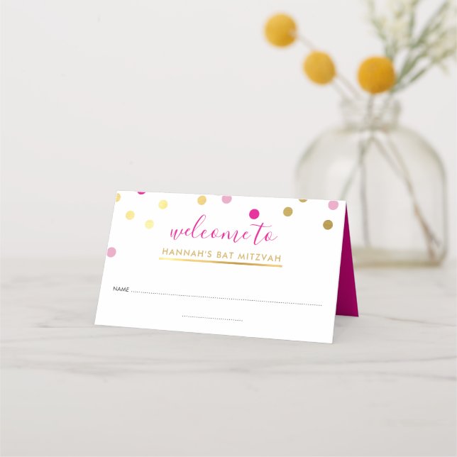 Cartão De Mesa BAT MITZVAH bonito glam confetti spot dourado rosa (Frente)