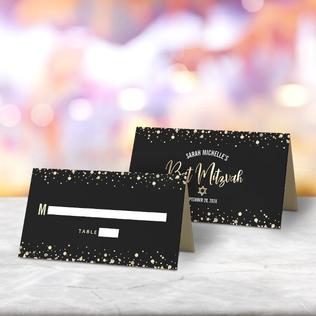 Cartão De Mesa Bat Mitzvah Dourado Preto Folha de Script Confetes (Criador carregado)