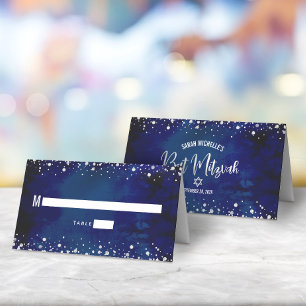 Cartão De Mesa Bat Mitzvah Marinha Aquarela Glitter Prata Script