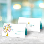 Cartão De Mesa Bat Mitzvah Modern, Dourada e Teal Foil Tree of Li<br><div class="desc">Nenhuma festa do Bat Mitzvah está completa sem cartões de lugar personalizados. Deixe o seu Bat Mitzvah favorito se orgulhar, se regozijar e celebrar seu marco em seu partido perfeitamente coordenado. Esta sofisticada, chica, atordoante, folha de ouro falso gráfico com brilho roxo, turquesa, azul e lacrimogêneo Estrela de David e...</div>