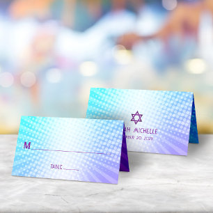 Cartão De Mesa Bat Mitzvah Ousado Boho Retro Gradiente Azul Roxo