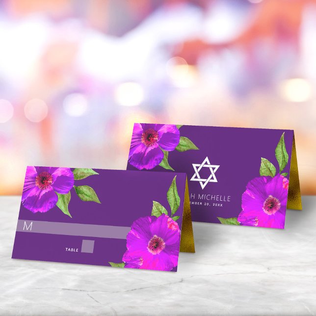 Cartão De Mesa Bat Mitzvah Purple Bold Modern Watercolor (Criador carregado)
