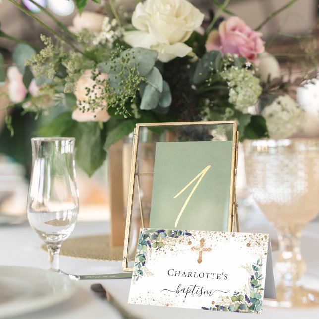 Cartão De Mesa Batismo eucalipto pó dourado (Criador carregado)