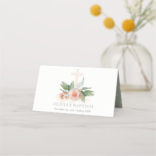 Cartão De Mesa Batismo Floral Cruzado Rosa de Pêssego Pastel Suav