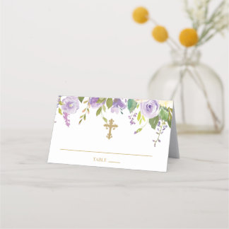 Cartão De Mesa Batismo Floral Roxo e Dourado Dobrado