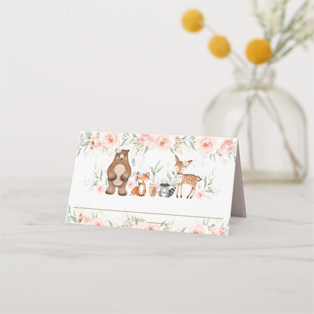 Cartão De Mesa Bicicleta Woodland Animais Blush Chá Floral Aniver (Frente)