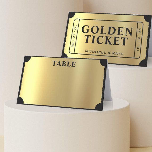 Cartão De Mesa Bilhete Dourado Casamento Preto e Dourado (Golden Ticket Black & Gold Wedding Place Card
)