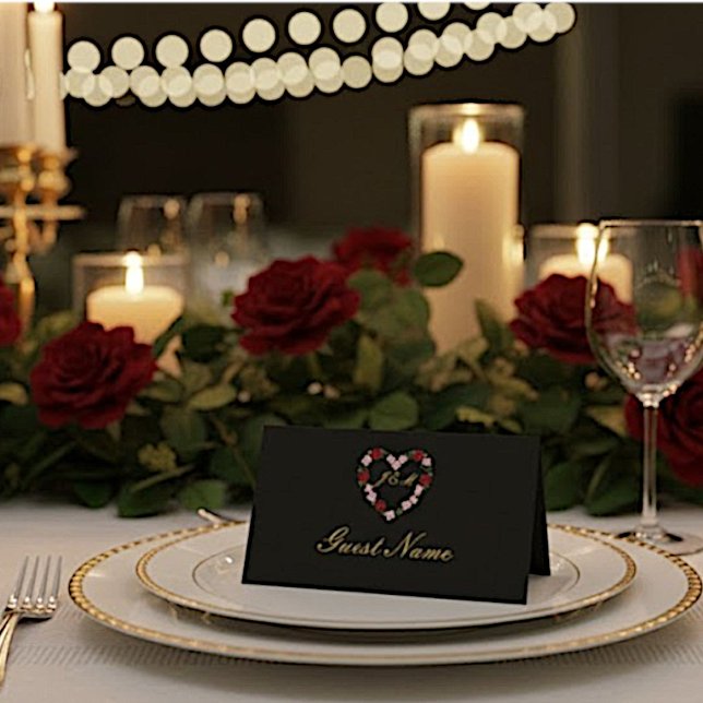 Cartão De Mesa Black folded place card - floral heart Guest name (Criador carregado)