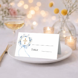 Cartão De Mesa Blue floral wreath gold cross bow ribbon boy