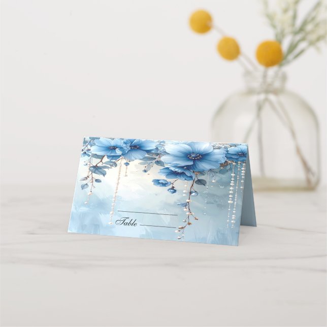 Cartão De Mesa Blue Flowers and Pearls Place Card (Frente)