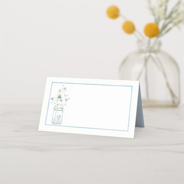 Cartão De Mesa Blue Flowers Mason Jar Wedding Place Card (Frente)