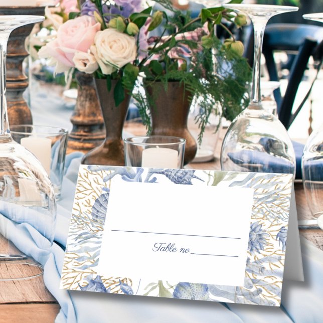 Cartão De Mesa Blue Gold Coastal Folded Place Card (Blue Gold Coastal Folded Place Card)