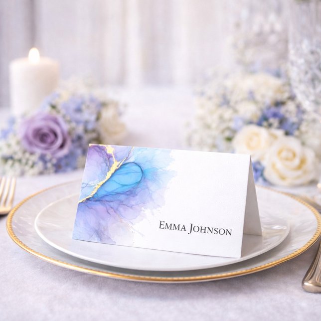 Cartão De Mesa Blue Purple Gold Abstract Heart Wedding Place Card (Criador carregado)
