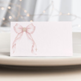 Cartão De Mesa Blush Pink Coquette Bow Baptism Cross