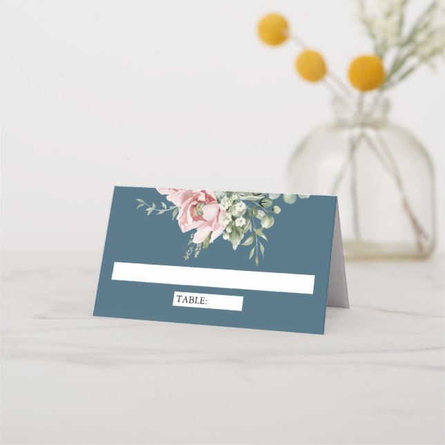Cartão De Mesa Blush Pink Floral Eucalyptus Dusty Blue Wedding (Frente)