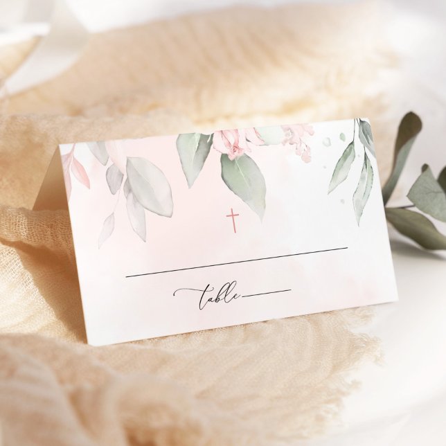 Cartão De Mesa Blush Pink Flowers, Greenery, Boho, Floral Baptism (Criador carregado)