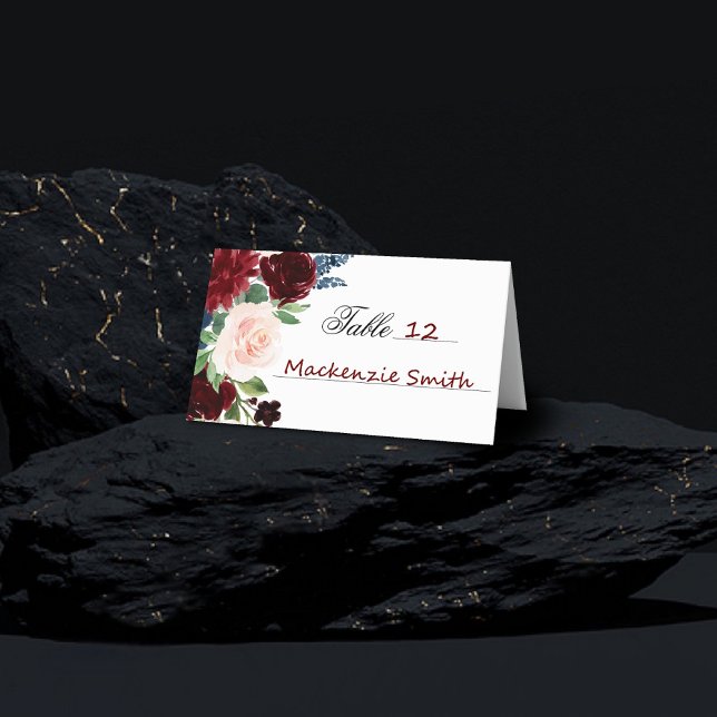 Cartão De Mesa Boho Bloom | Borgonha Vermelha Marinho Buquê Azul (Criador carregado)