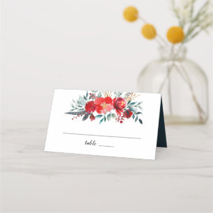 Cartão De Mesa Boho Red Floral Feather Wreath Monograma Casamento
