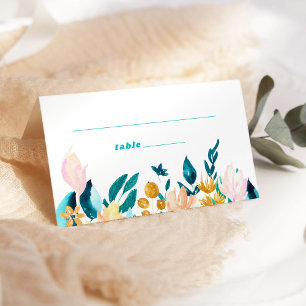 Cartão De Mesa Boho Teal Blue e Dourado Casamento Floral de Aquar