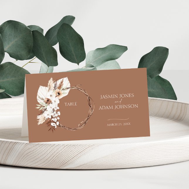 Cartão De Mesa Boho Terracotta Beige, Seco, Casamento Floral (Boho Terracotta Floral Wreath Wedding Place Card)
