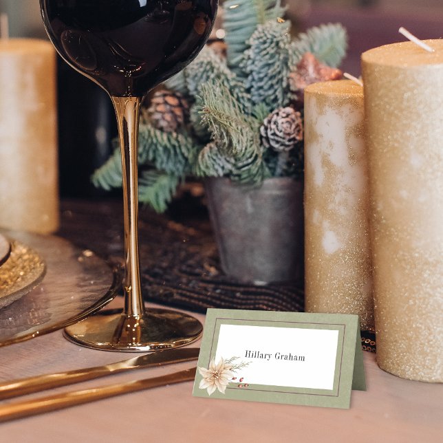 Cartão De Mesa Boho Winter Greenery Boughs Sage Green Folheou (Criador carregado)