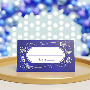 Cartão De Mesa Borboleta Real Azul Dourada Quinceañera, 15 Anos