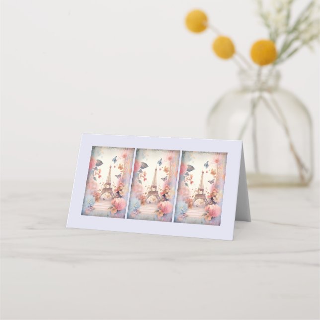 Cartão De Mesa Borboletas e flores de torre Eiffel (Frente)