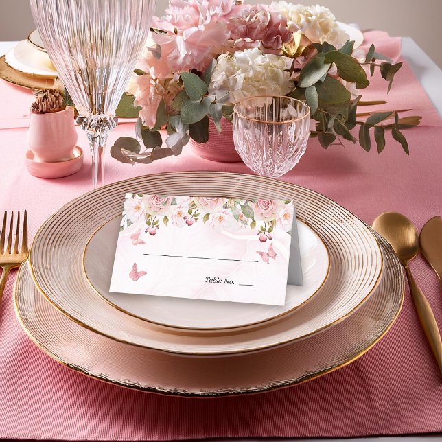 Cartão De Mesa Borboletas Florais Rosa | Mármore Rosa  (Elegant Pink Rose Floral and Pink Butterflies Folded Table Place Cards)
