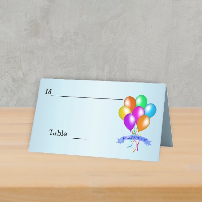 Cartão De Mesa Bright FesHappy Birthday Balloons Streamers (Bunch of brightly coloured balloons Happy Birthday banner on light blue table place card.)