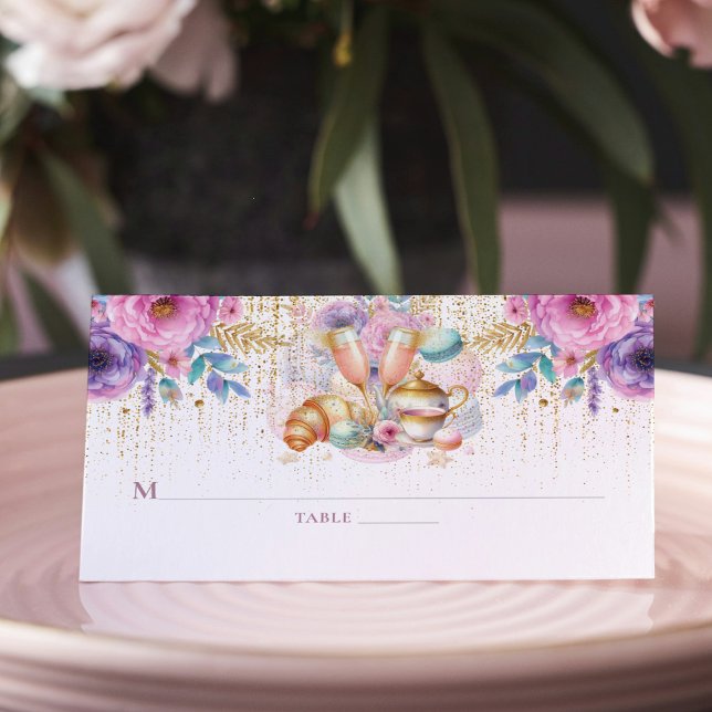 Cartão De Mesa Brunch de Noiva Rosa Dourado Brilho Floral (Criador carregado)