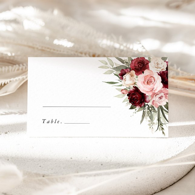 Cartão De Mesa Burgundy Blush Pink Floral Wedding Name Place Card (burgundy blush pink floral wedding place cards, name cards, escort cards, elegant rose table decor)