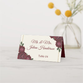 Cartão De Mesa Burgundy Floral & Gold Folded Wedding Place Card