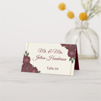 Cartão De Mesa Burgundy Floral & Gold Folded Wedding Place Card