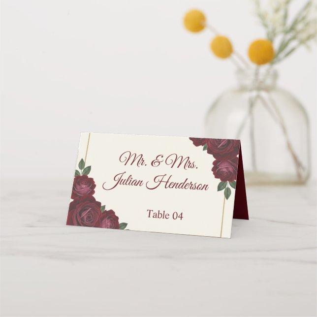 Cartão De Mesa Burgundy Floral & Gold Folded Wedding Place Card (Frente)