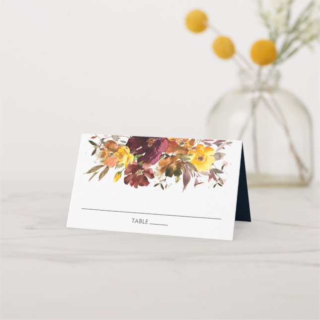 Cartão De Mesa Burgundy Yellow Orange Floral Wedch Guest Name (Frente)