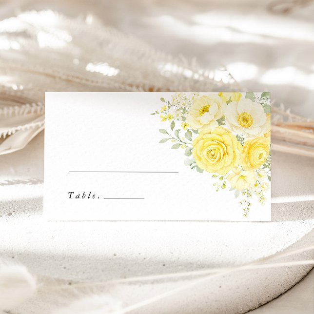Cartão De Mesa Butter Yellow Ivory Floral Wedding Name Place Card (butter yellow floral wedding place card escort card name card yellow rose table setting reception)