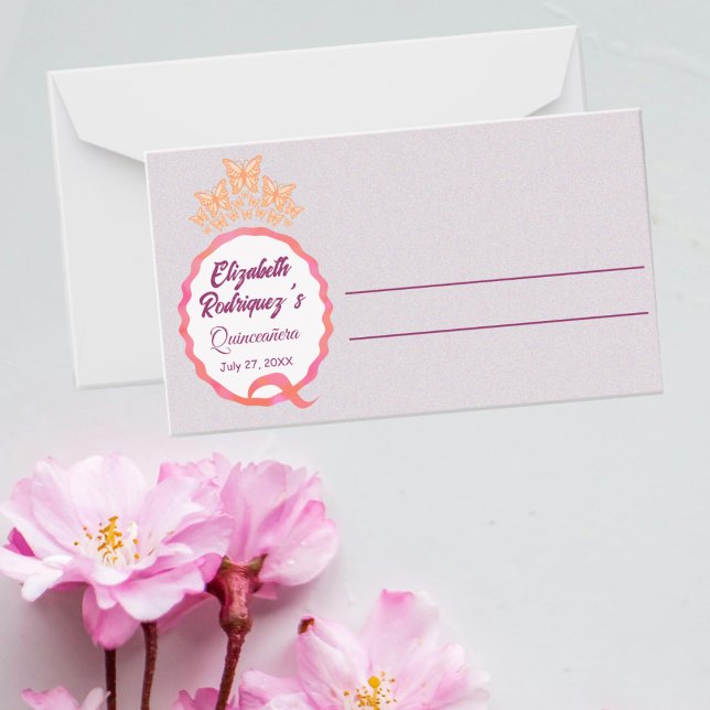 Cartão De Mesa Butterflies Crown Quinceanera Pink Squiggle (Criador carregado)