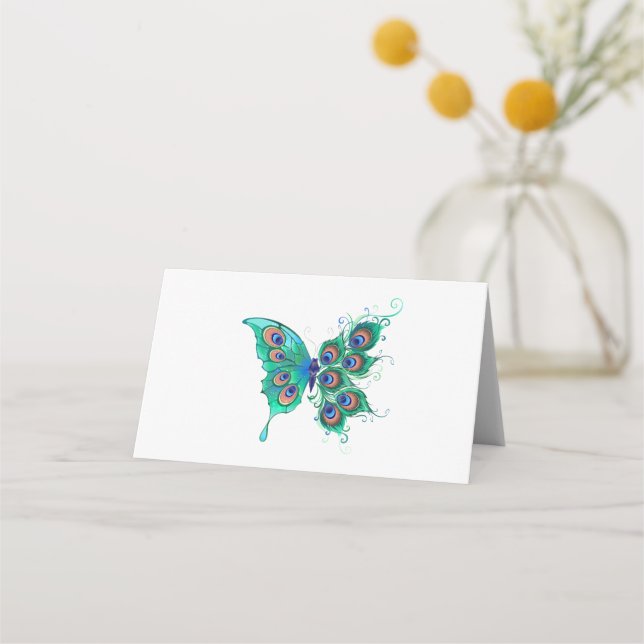 Cartão De Mesa Butterfly with Green Peacock Feathers (Frente)