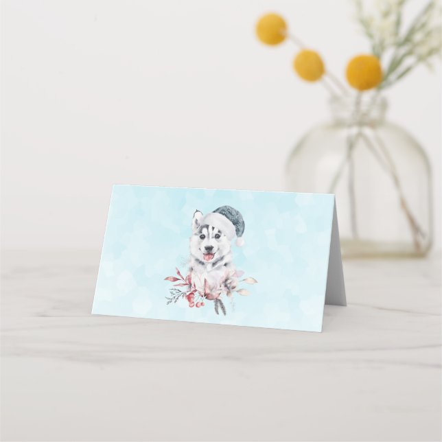 Cartão De Mesa Cachorro Rouco de Natal num Chapéu Santa (Frente)