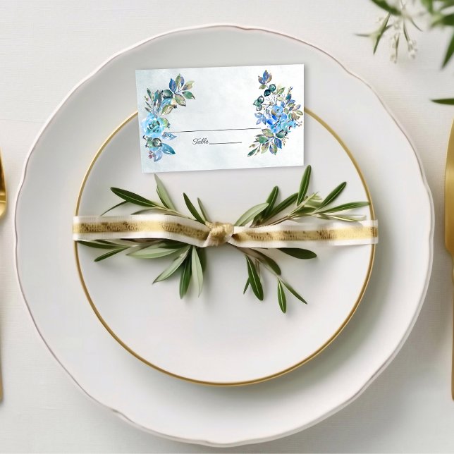 Cartão De Mesa Caindo No Amor Casamento Floral Azul (Criador carregado)