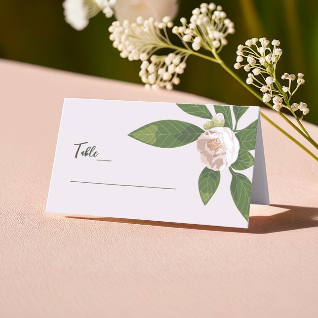 Cartão De Mesa Camellia e Greenery Casamento Elegante Simples (Camellia and Greenery Simple Elegant Wedding Place Card)