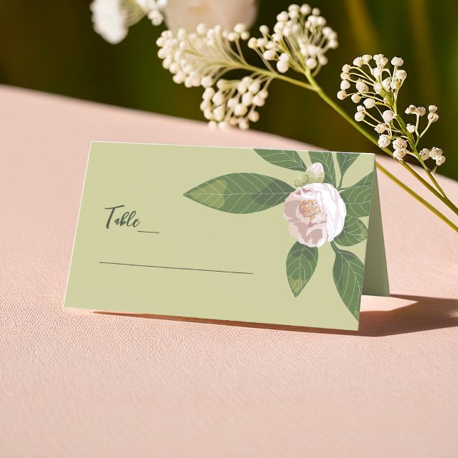 Cartão De Mesa Camellia e Greenery Casamento Elegante Simples (Camellia and Greenery Simple Elegant Wedding Place Card)