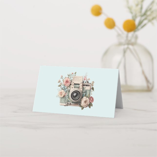 Cartão De Mesa Câmera com Flores Pastel Retro (Frente)
