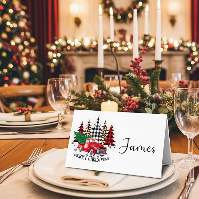 Cartão De Mesa Caminhão vermelho de Natal feliz e árvores (Criador carregado)