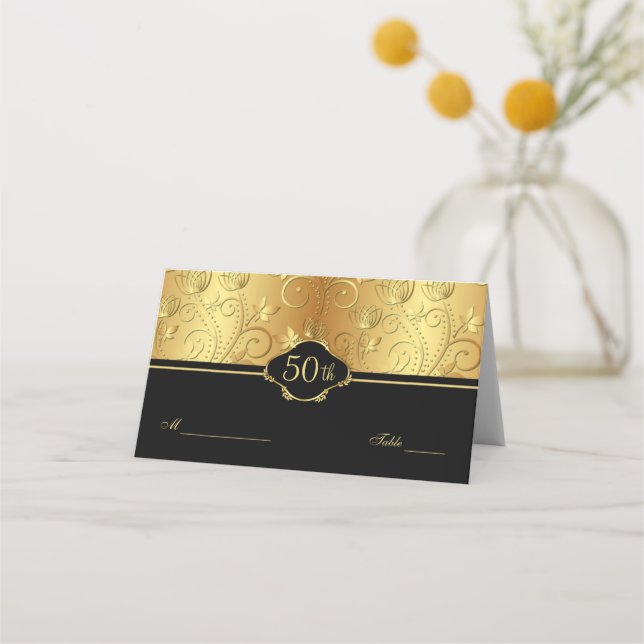 Cartão De Mesa Carro Dourado Preto Floral 50º Recepção de casamen (Frente)