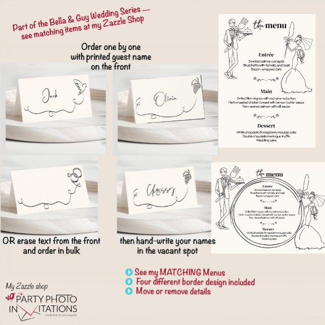 Cartão De Mesa carta de casamento feita à mão (Bella & Guy hand drawn menu place cards)
