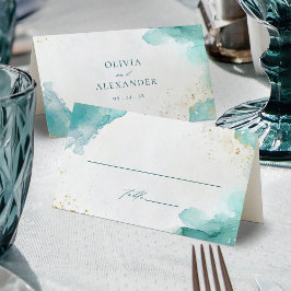 Cartão De Mesa Casamento Abstrato Moderno na Praia em Azul Verde