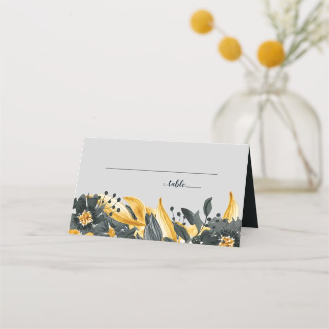 Cartão De Mesa Casamento Amarelo + Cinza Floral Elegante (Frente)